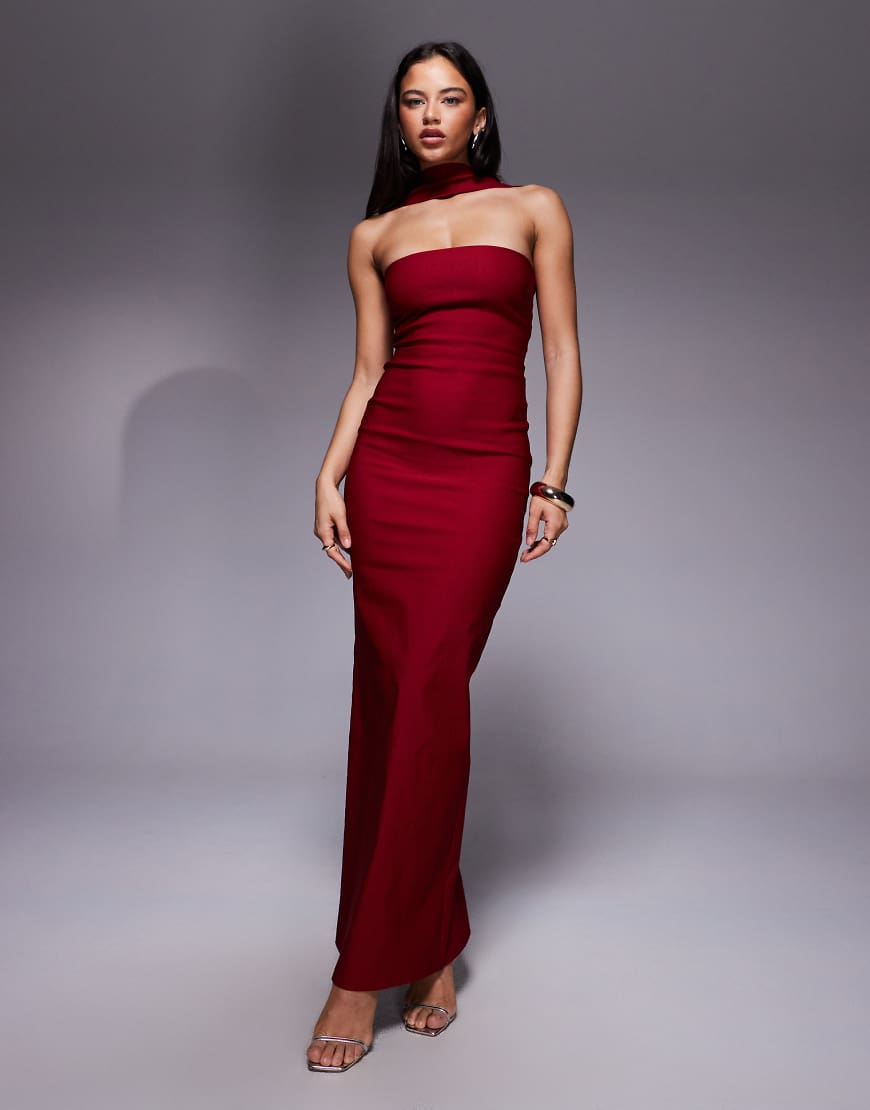 Vesper - Trägerloses Bengaline-Maxikleid in Weinrot mit Choker-Detail und geknöpfter Rückseite von Vesper