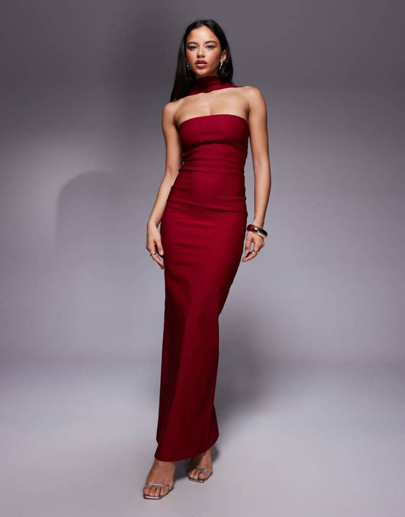 Vesper - Trägerloses Bengaline-Maxikleid in Weinrot mit Choker-Detail und geknöpfter Rückseite von Vesper