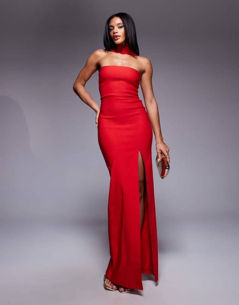 Vesper - Trägerloses Maxikleid aus Bengaline in Rot mit Choker-Ausschnittdetail und Seitenschlitz von Vesper