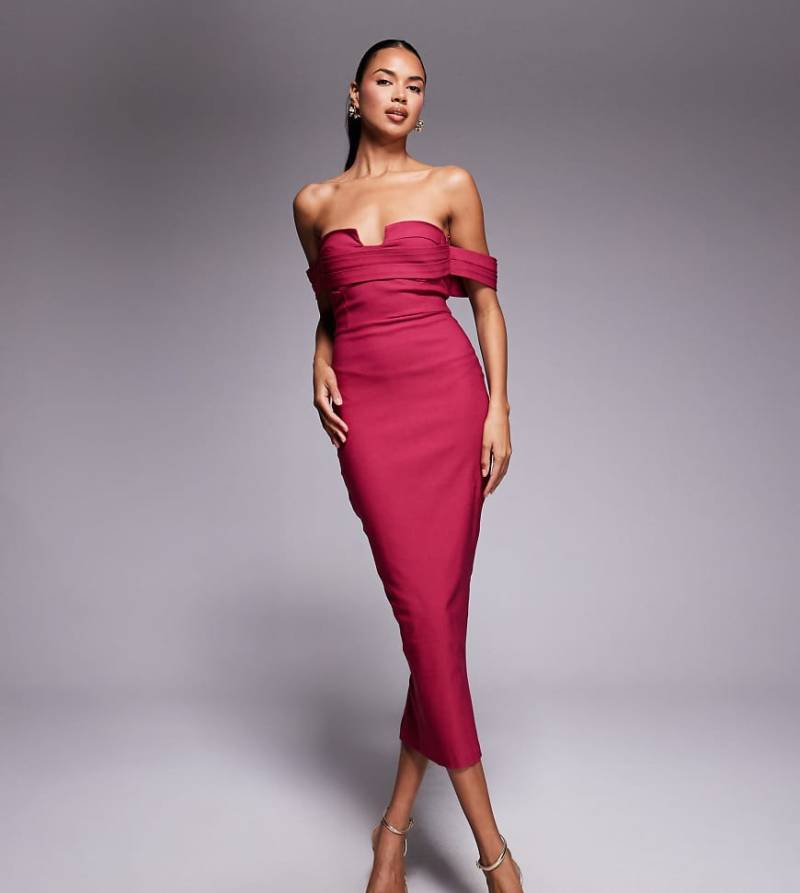 Vesper - Trägerloses Midaxikleid in Himbeerrot mit Einkerbung vorne und abfallende Schulterpartie-Rosa von Vesper