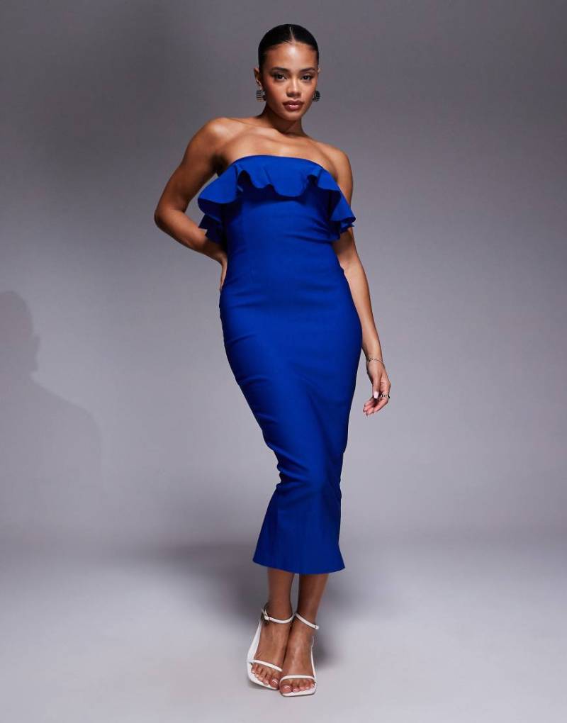 Vesper - Trägerloses Midikleid in Kobaltblau mit gerüschtem Umschlag am Ausschnitt von Vesper