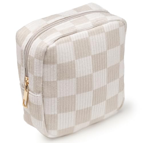 Vessara Mini-Make-up-Tasche mit niedlichen Make-up-Behältern, kariert, Cord, Beige – Make-up-Tasche, klein, niedliche Make-up-Tasche, für Geldbörse, kleine Kulturbeutel, Kosmetiktasche, kleine von Vessara
