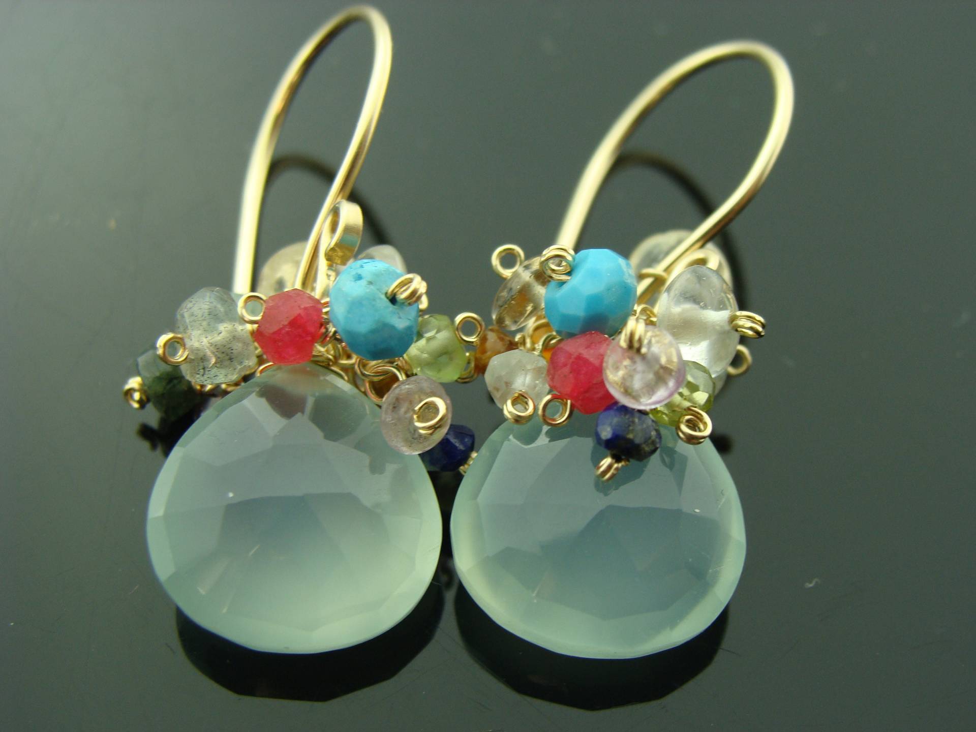 Aqua Blue Chalcedon Multi Edelstein Ohrringe 14K Gold Filled Oder 925 Sterling Silber Cluster von VestaJewelry