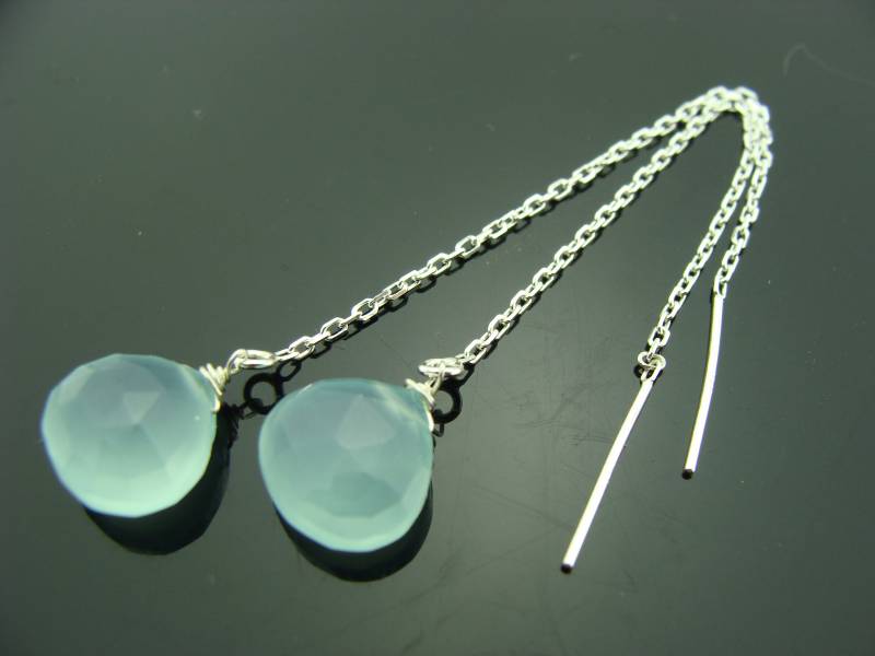 Aqua Blue Chalcedon Ohrfäden 925 Sterling Silber Baumeln Ohrringe Minimalist Threader Schmuck Geschenk Für Sie von VestaJewelry