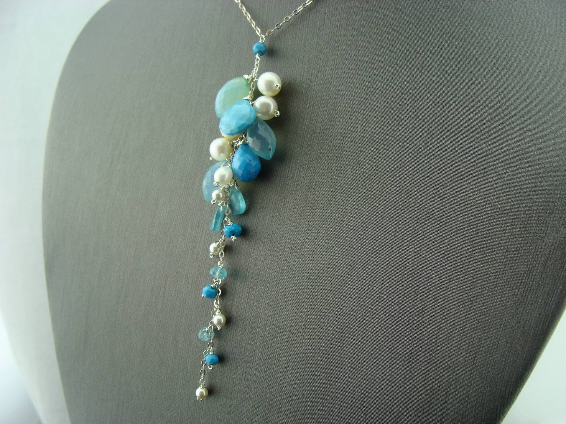 Aqua Blue Chalcedon Türkis Apatit Perlen Kaskadenkette 925 Sterlingsilber Handgemachter Edelsteinschmuck Elegantes Geschenk Für Sie von VestaJewelry