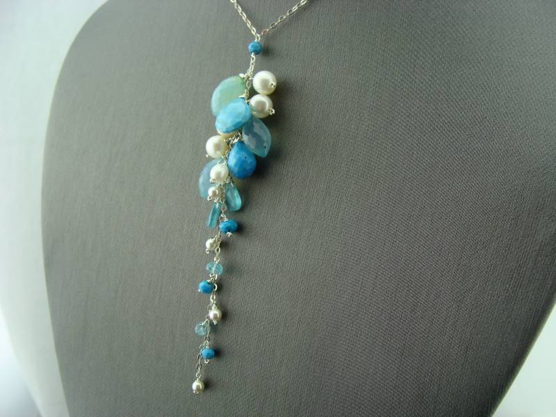 Aqua Blue Chalcedon Türkis Apatit Perlen Kaskadenkette 925 Sterlingsilber Handgemachter Edelsteinschmuck Elegantes Geschenk Für Sie von VestaJewelry