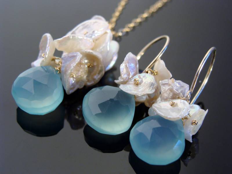 Aqua Blauer Chalcedon & Keshi Perlen Schmuck Set 14K Gold Filled Oder Sterling Silber von VestaJewelry