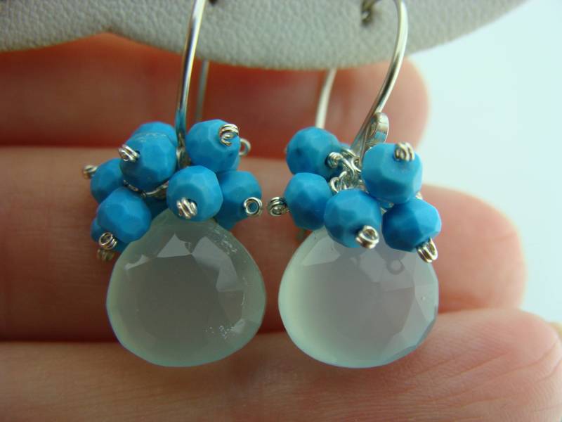 Aqua Blue Chalcedon & Türkis Cluster Ohrringe 925 Sterling Silber Oder 14K Gold Gefüllt Handgemachtes Geschenk Für Sie von VestaJewelry