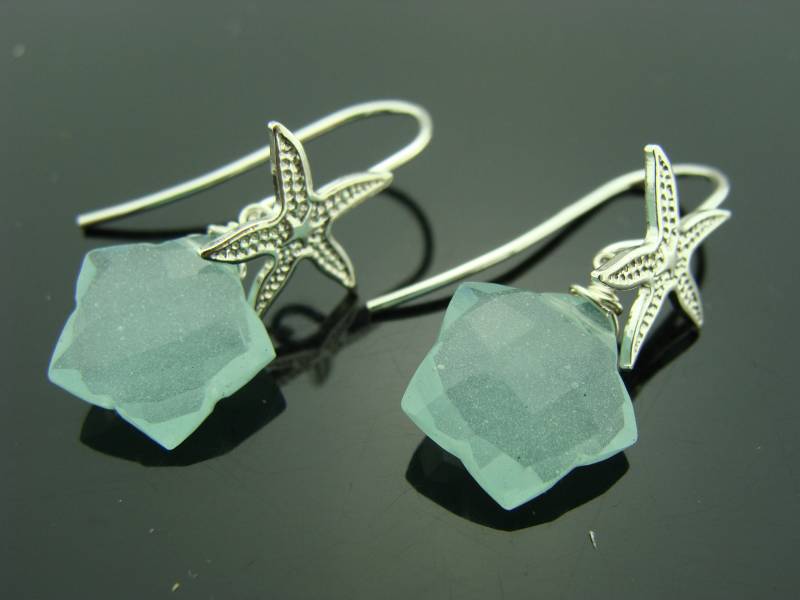 Aqua Chalcedon Seestern Ohrringe 925 Sterling Silber Strand Schmuck Blauer Quarz Ozean Geschenk Für Sie von VestaJewelry