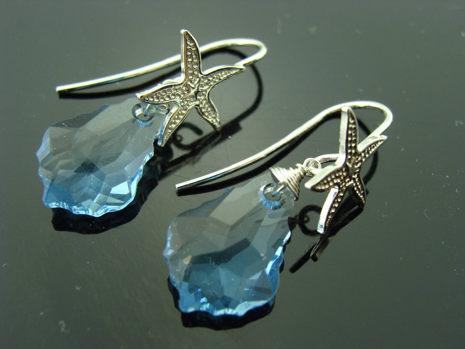 Aquamarin Barock Ohrringe Swarovski Kristall Anhänger 925 Sterling Silber Seestern Strand Ozean Schmuck von VestaJewelry