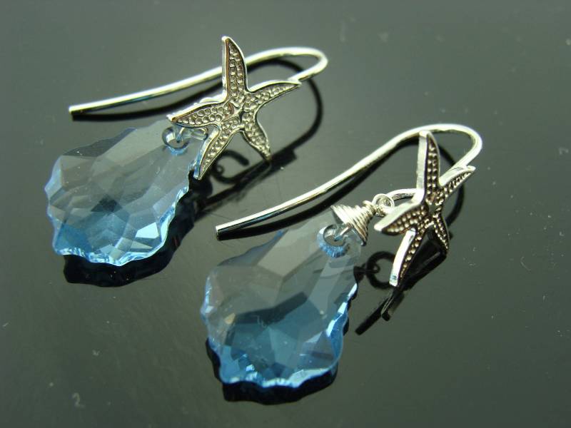 Aquamarin Barock Ohrringe Swarovski Kristall Anhänger 925 Sterling Silber Seestern Strand Ozean Schmuck von VestaJewelry