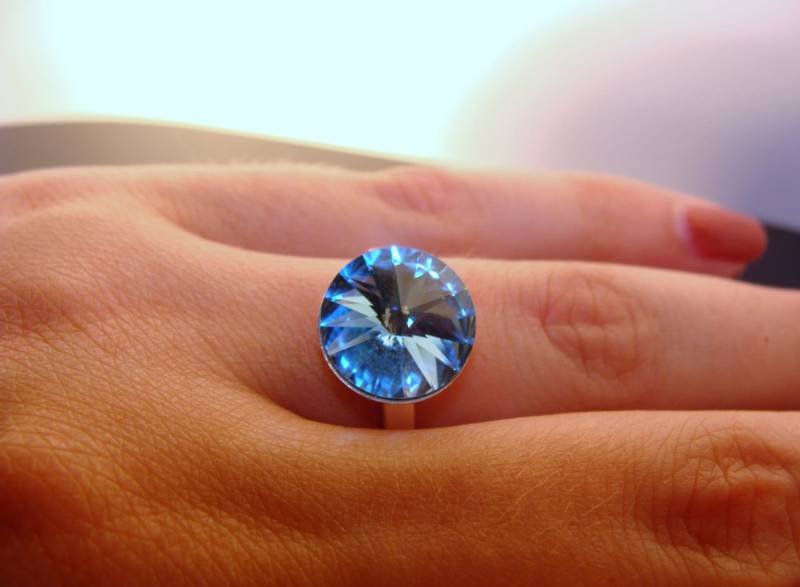 Aquamarin Swarovski Ring 12 Mm Rivoli Kristall 925 Sterling Silber Größe 7.5 Blauer Statement Schmuck von VestaJewelry