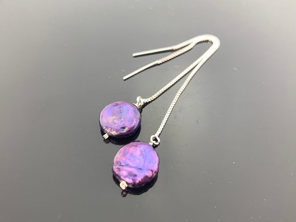 Blaue Süßwasser-Münze Perle Threader Ohrringe 925 Sterling Silber Zierliche Minimalist Schmuck Geschenk Für Sie Moderne Eleganz von VestaJewelry