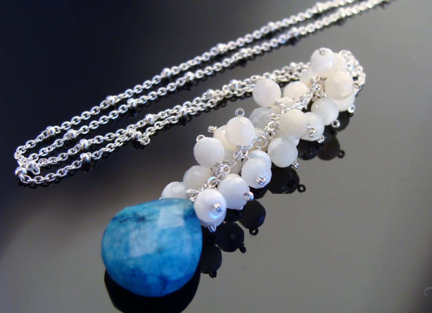 Blauer Mondstein & Perlmutt Halskette 925 Sterling Silber Cluster Handgemachter Edelstein Schmuck von VestaJewelry
