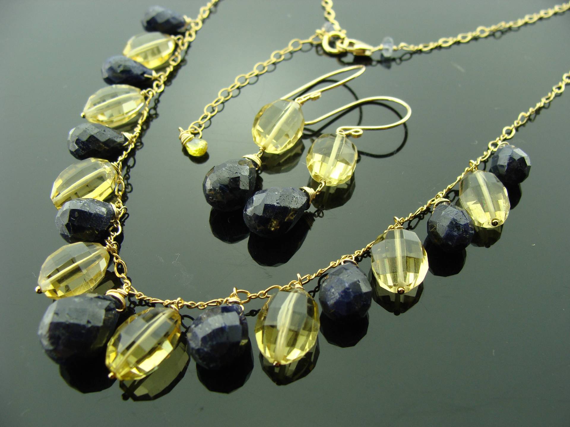 Echtes Saphir - Und Citrin-Schmuckset 14K Gold Filled Halskette & Ohrringe Edelstein-Geschenk Für Sie Handmade Birthstone Set von VestaJewelry