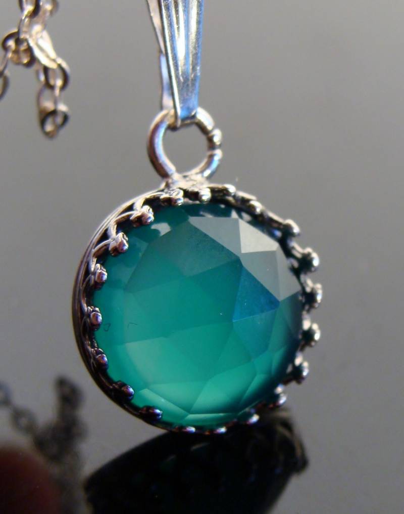 Facettierte Grün Onyx Lünette Set Anhänger 925 Sterling Silber Halskette Grüner Edelstein Schmuck von VestaJewelry