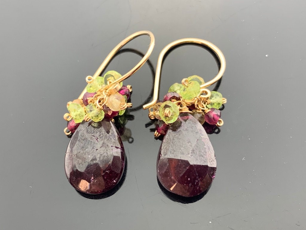 Granat Peridot Citrin Cluster Ohrringe 14K Gold Gefüllt Oder 925 Sterling Silber Edelstein Geschenk Januar August November von VestaJewelry
