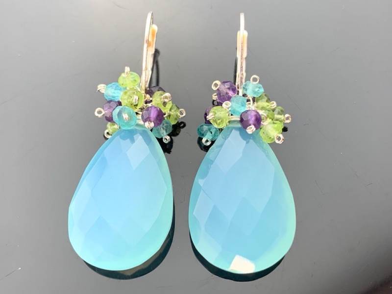 Große Aqua Blue Chalcedon Apatit Amethyst Peridot Cluster Ohrringe 925 Sterling Silber Brisuren Buntes Edelstein Geschenk von VestaJewelry