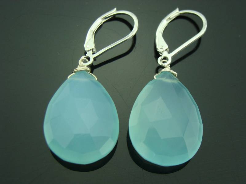 Große Aquablaue Chalcedontropfen 925 Sterling Silber Oder 14K Gold Filled Brisur von VestaJewelry