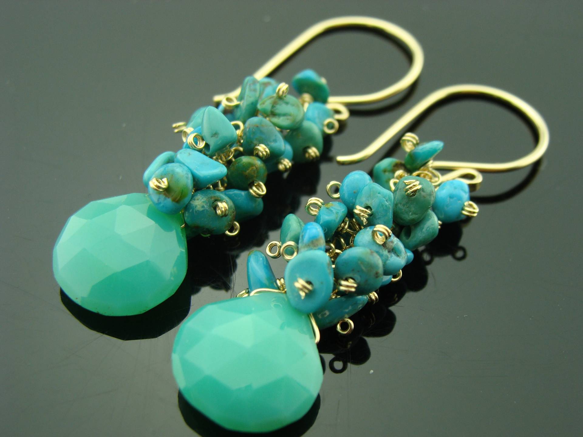 Grün Chrysopras Chalcedon & Türkis Cluster Ohrringe 14K Gold Filled Oder 925 Sterling Silber Handgemachtes Geschenk Für Sie von VestaJewelry