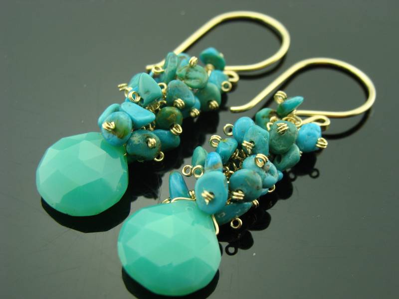 Grün Chrysopras Chalcedon & Türkis Cluster Ohrringe 14K Gold Filled Oder 925 Sterling Silber Handgemachtes Geschenk Für Sie von VestaJewelry