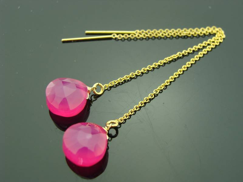 Hot Pink Chalcedon Threader Ohrringe 14K Gold Gefüllt Lange Ohrhänger von VestaJewelry