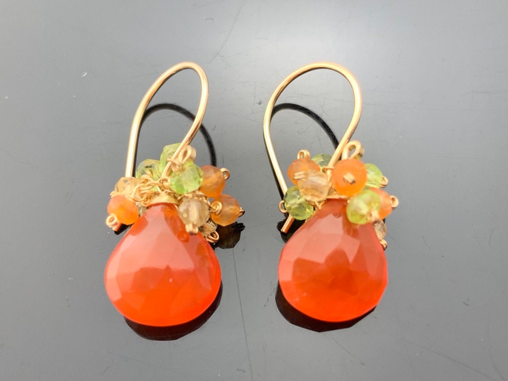 Karneol Citrin Peridot Cluster Ohrringe 14K Gold Filled Oder Sterling Silber von VestaJewelry