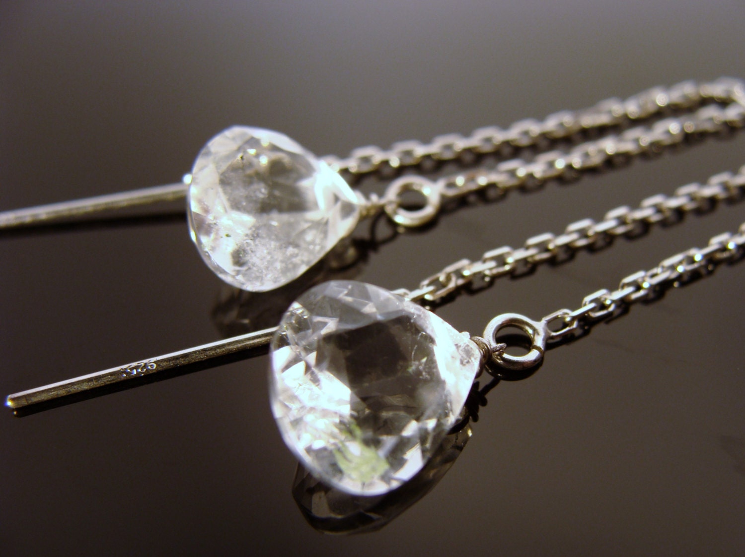 Kristall Quarz Ohrfäden 925 Sterling Silber Threader Ohrringe Zierlicher Edelstein Schmuck Minimalist von VestaJewelry