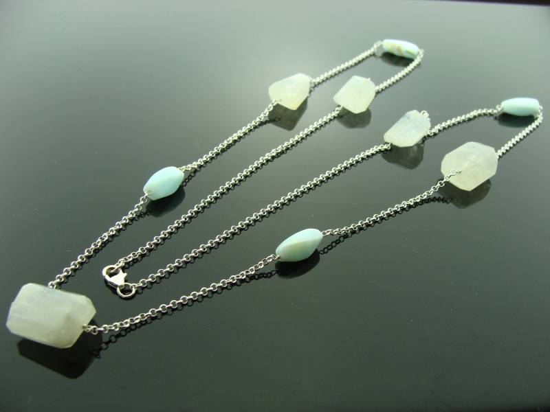 Lange Regenbogen Mondstein & Blauer Opal Halskette 925 Sterling Silber Boho Edelstein Schmuck Geschenk Für Sie Handgemacht von VestaJewelry