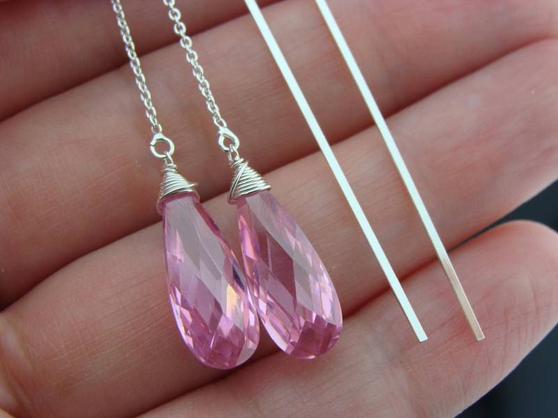 Lange Rosa Zirkonia Cz Tropfen 925 Sterling Silber Ohr Threader Ohrringe Zarte Minimalist Schmuck Geschenk Für Sie von VestaJewelry