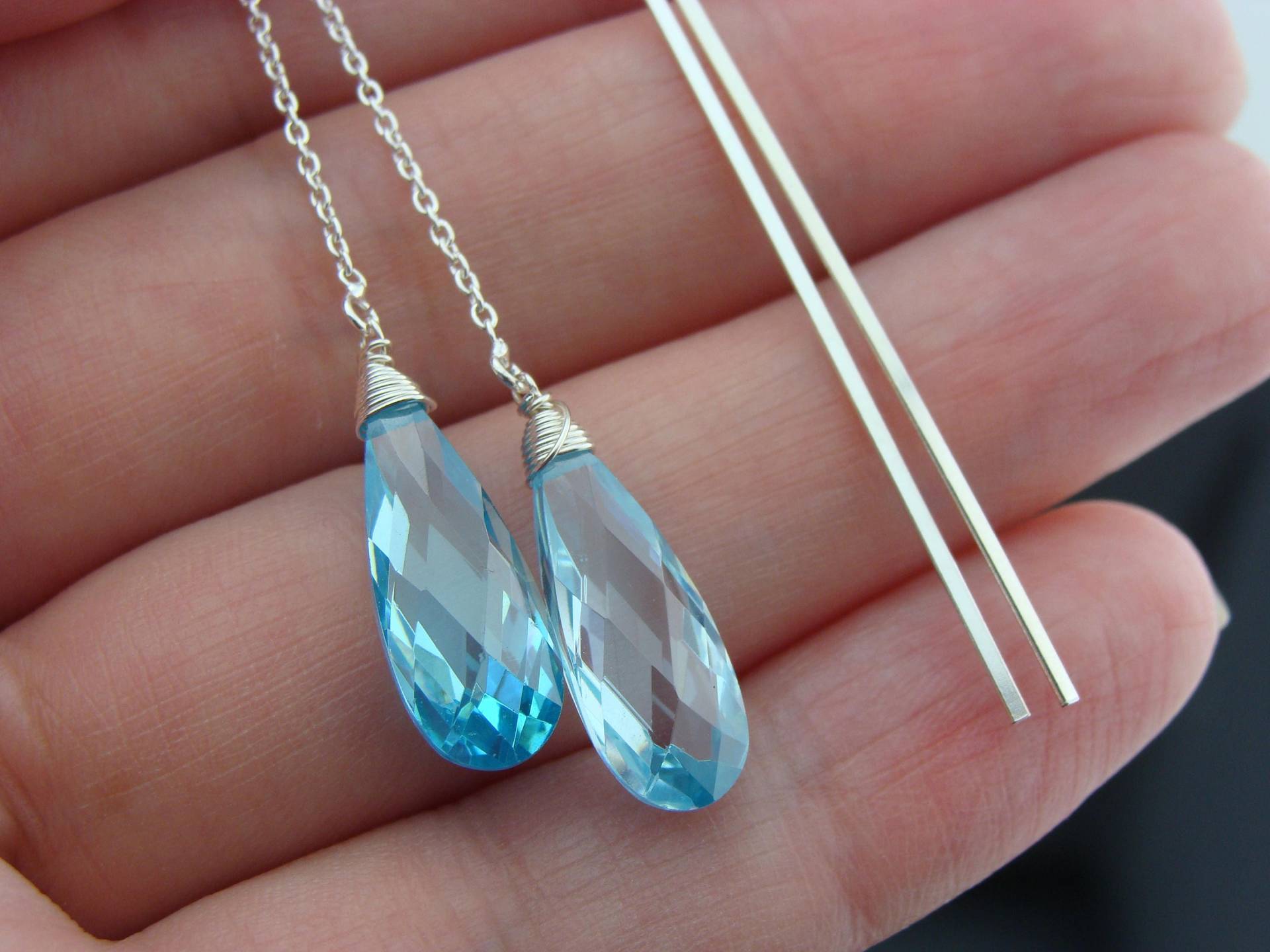 Lange Schweizer Blauer Zirkonia Cz 925 Sterling Silber Ohr Threader Ohrringe Eleganter Baumeln Schmuck Minimalist Geschenk Für Sie von VestaJewelry