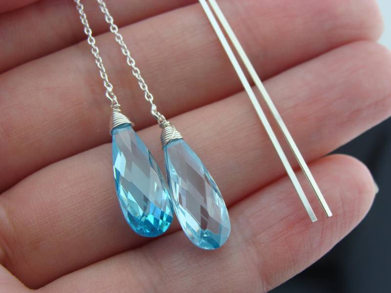 Lange Schweizer Blauer Zirkonia Cz 925 Sterling Silber Ohr Threader Ohrringe Eleganter Baumeln Schmuck Minimalist Geschenk Für Sie von VestaJewelry