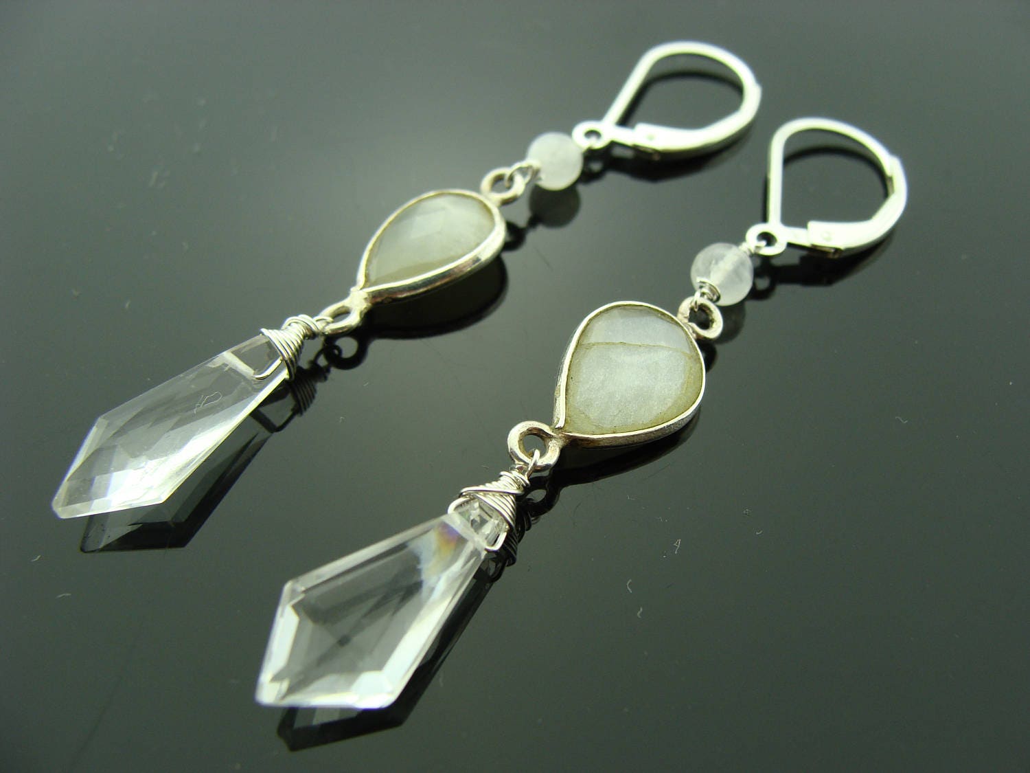 Mondstein & Bergkristall Ohrringe 925 Sterling Silber Brisuren Edelstein von VestaJewelry