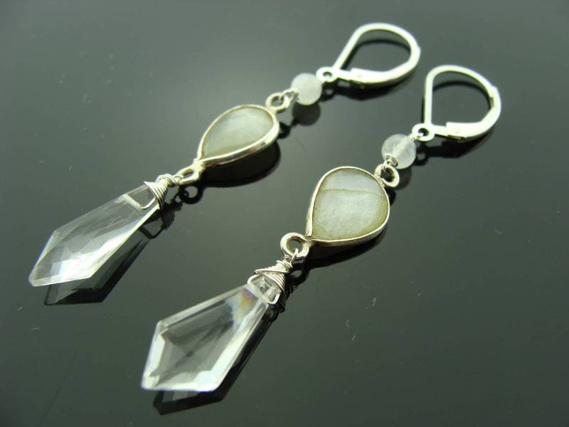 Mondstein & Bergkristall Ohrringe 925 Sterling Silber Brisuren Edelstein von VestaJewelry