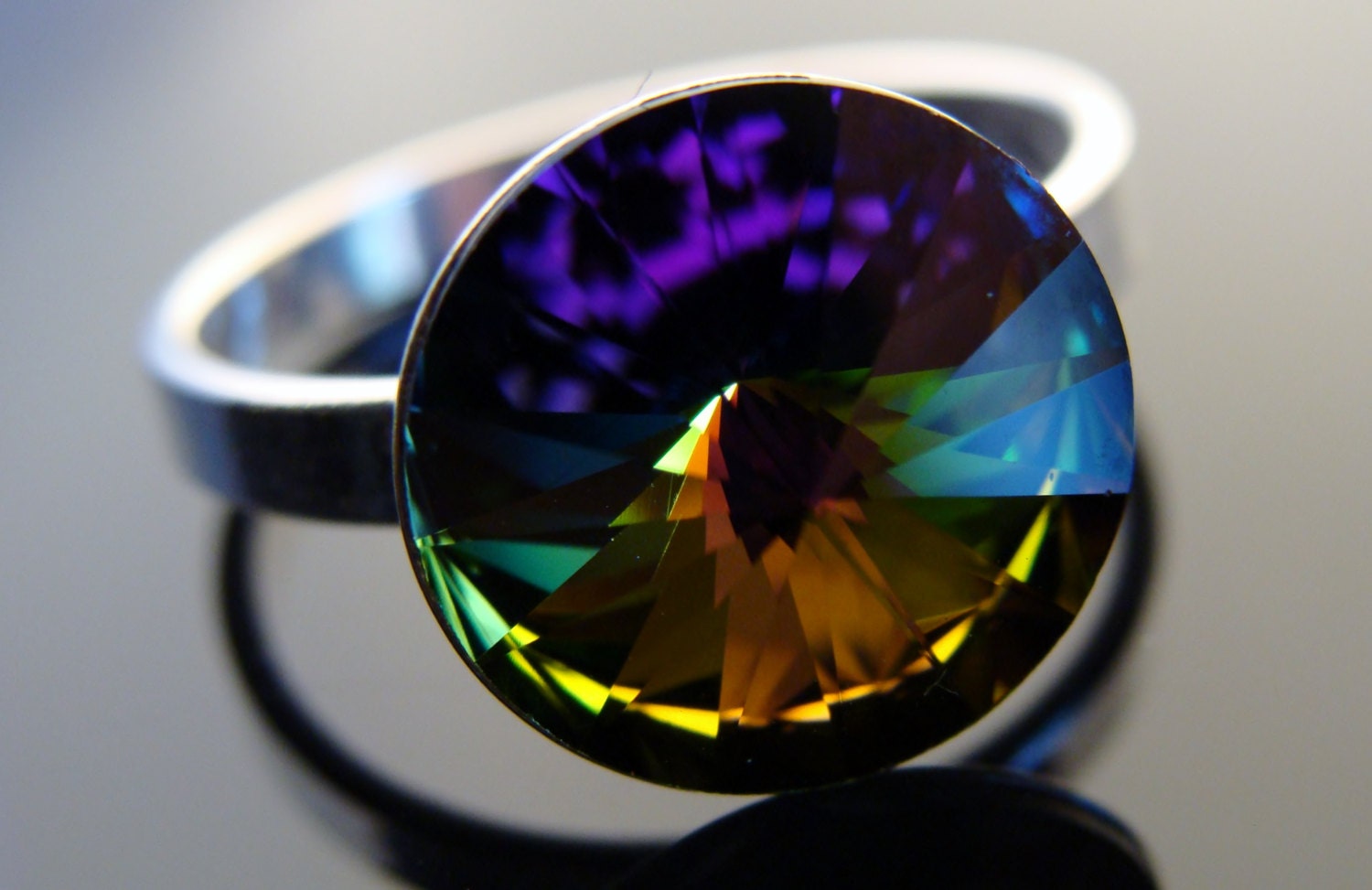 Multi Color Rivoli Ring Swarovski 12 Mm Kristall 925 Sterling Silber Schmuck Größe 7, 5 von VestaJewelry