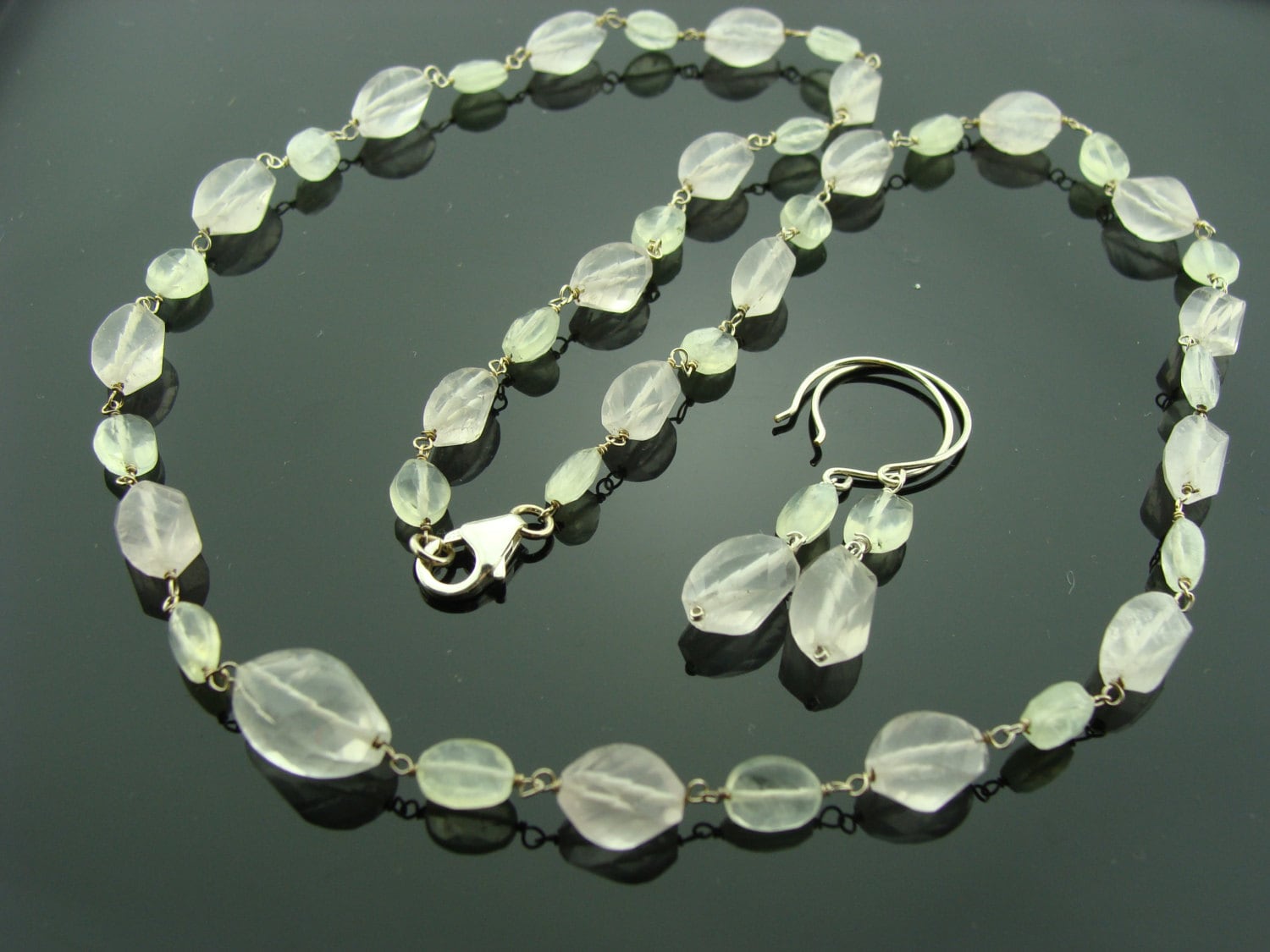 Pastell Rosenquarz Und Prasiolith Schmuck Set 925 Sterling Silber Halskette Ohrringe Zierliches Edelstein Geschenk Für Sie von VestaJewelry