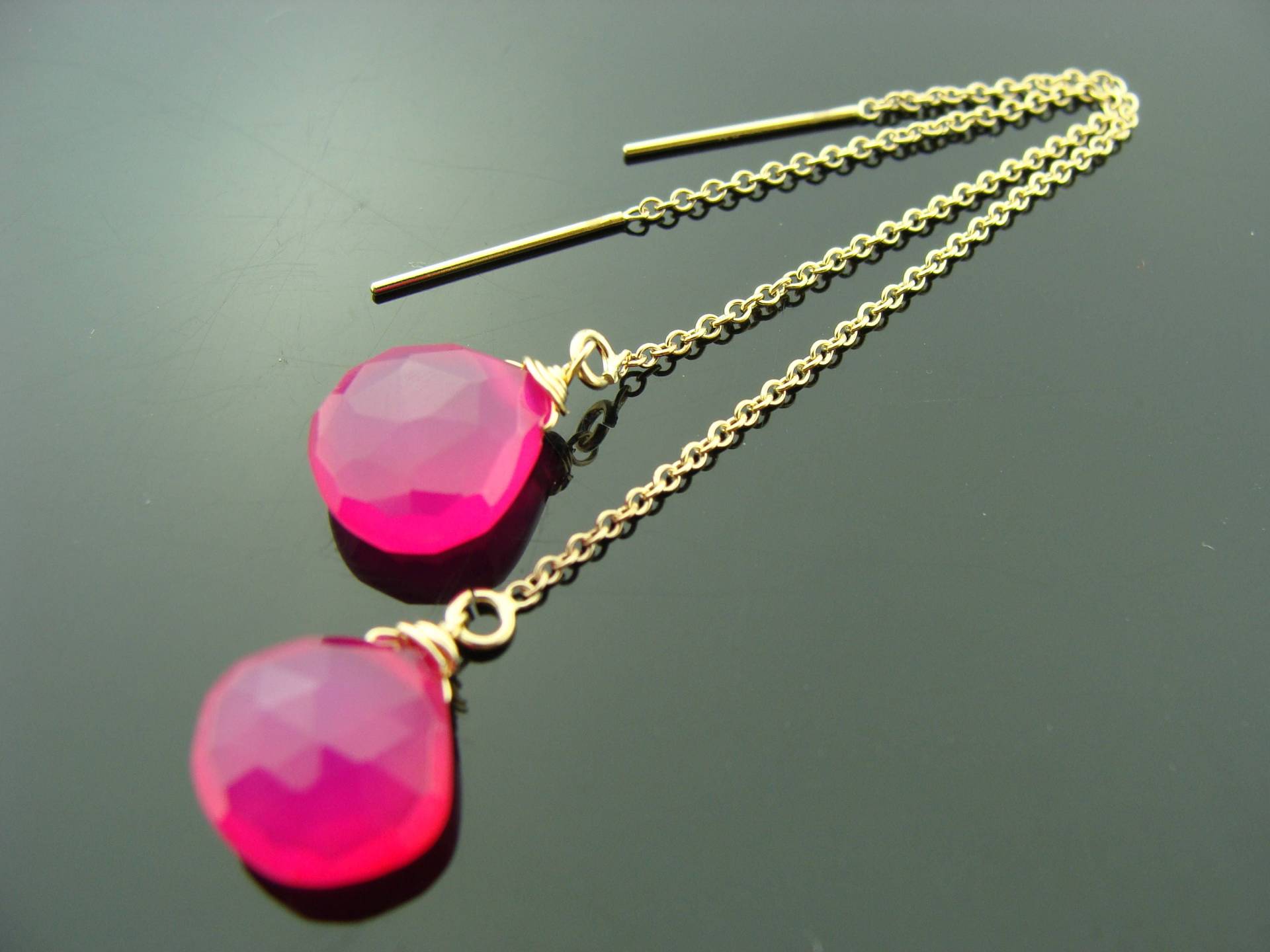 Pink Chalcedon Ohr Threader Ohrringe 14K Gold Filled Oder Sterling Silber Langer Edelstein Schmuck Handgemachtes Geschenk Für Sie von VestaJewelry