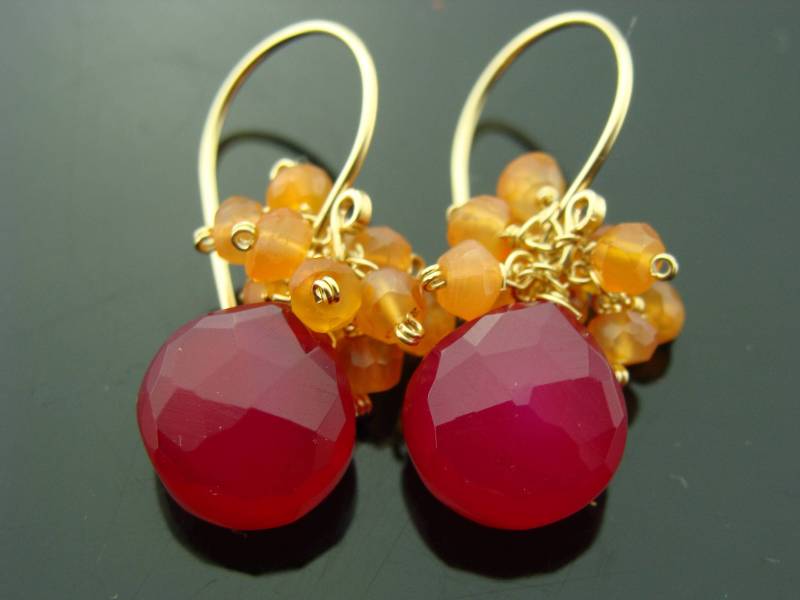 Pink Chalcedon & Karneol Cluster Ohrringe 14K Gold Filled Oder 925 Sterling Silber Edelstein von VestaJewelry