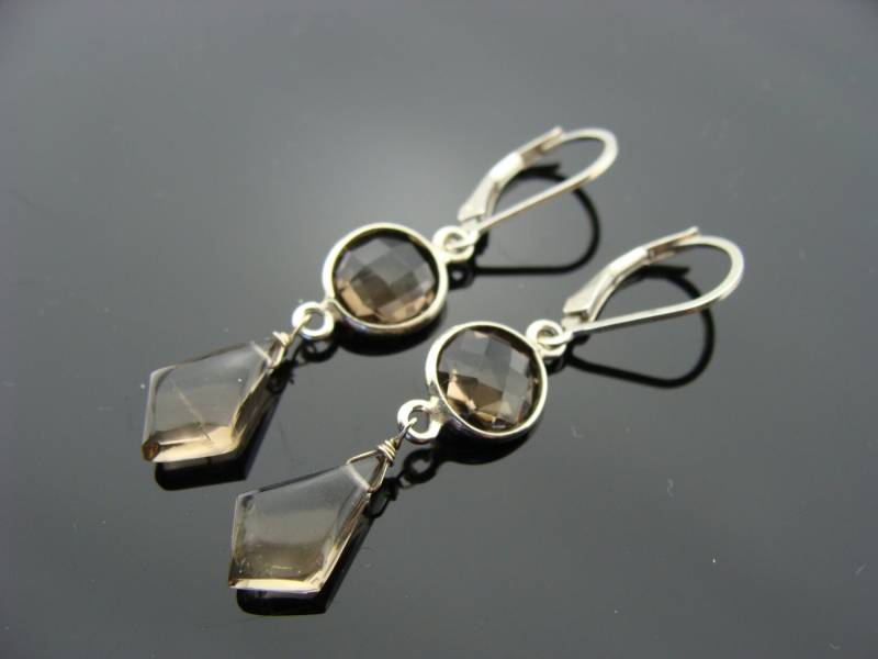 Rauchquarz Ohrringe Lünette Set 925 Sterling Silber Brisuren , Brauner Edelsteinschmuck von VestaJewelry