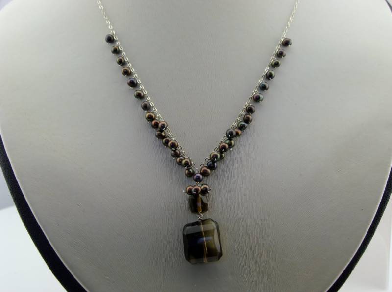 Rauchquarz & Braune Süßwasserperlen Halskette 925 Sterling Silber Edelstein Schmuck Zierliche Handgefertigte von VestaJewelry