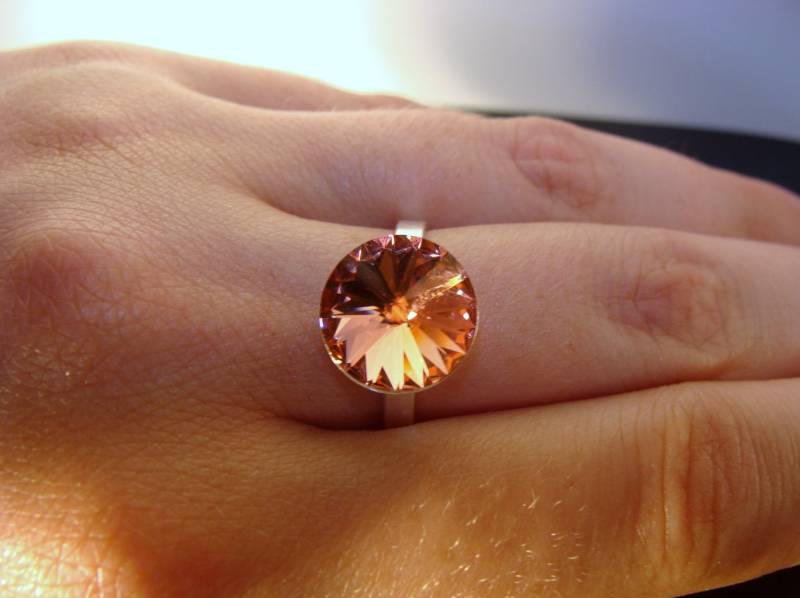 Rose Peach Rivoli Ring Swarovski 12 Mm Kristall 925 Sterling Silber Schmuck Größe 7, 5 von VestaJewelry