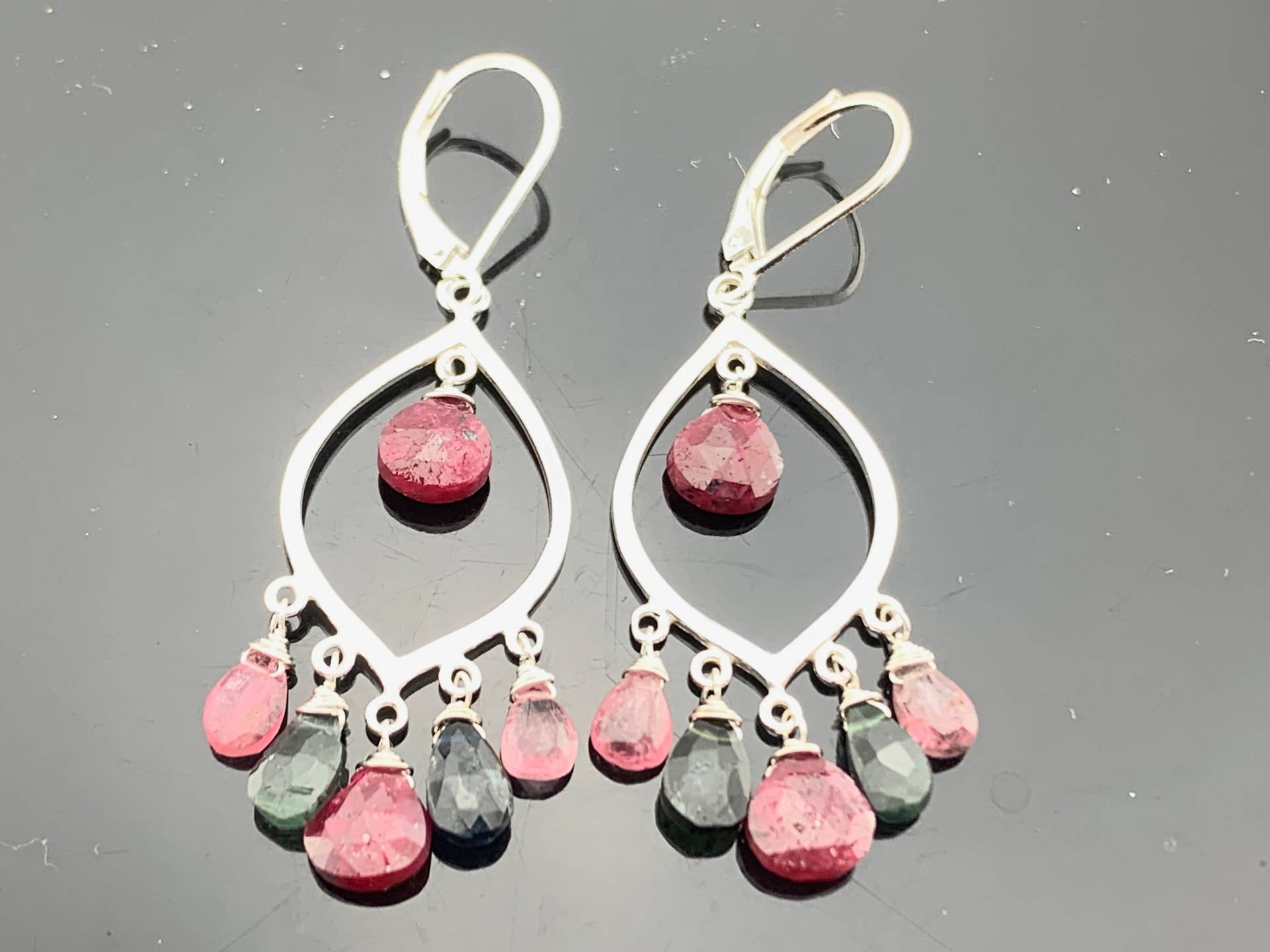 Rubin Wassermelone Turmalin Kronleuchter 925 Sterling Silber Ohrringe Geschenk von VestaJewelry