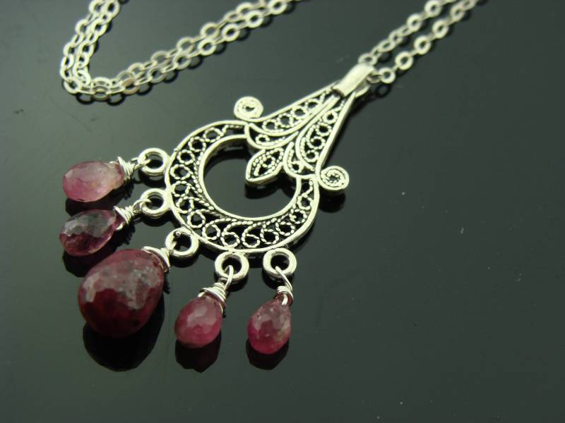 Rubin & Rosa Turmalin Anhänger 925 Sterling Silber Filigrane Halskette Roter Und Rosa Edelstein Schmuck von VestaJewelry