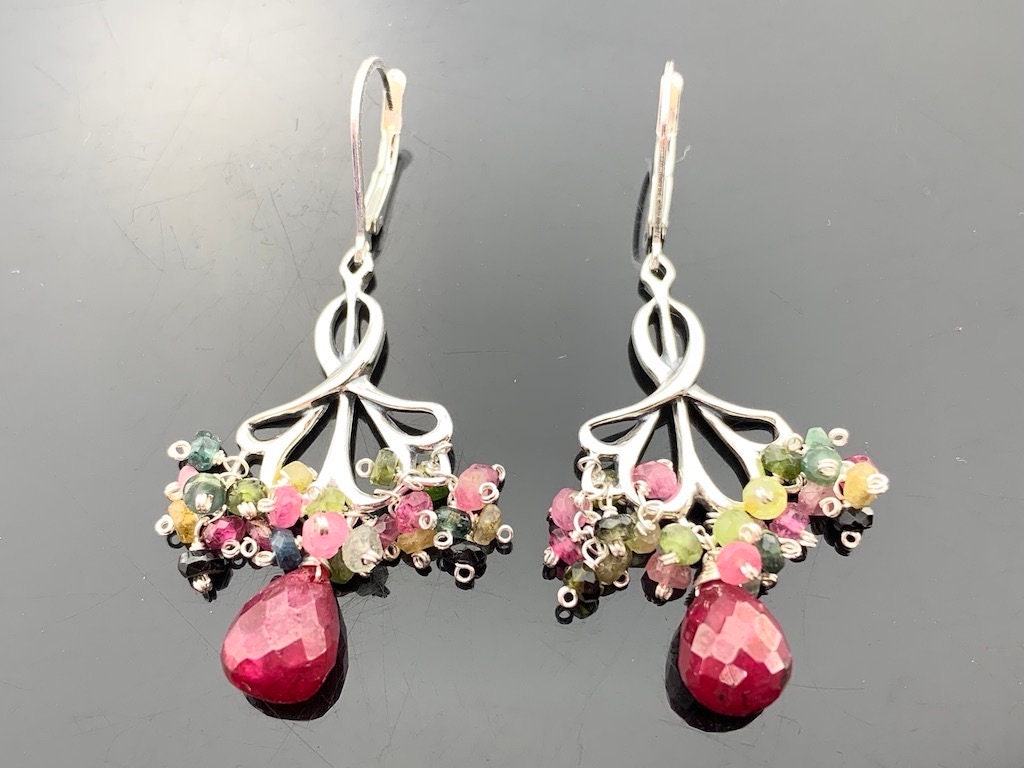 Rubin & Wassermelonenturmalin Kronleuchter 925 Sterling Silber Brisur Ohrringe Edelstein Anhänger Geschenk Für Sie von VestaJewelry