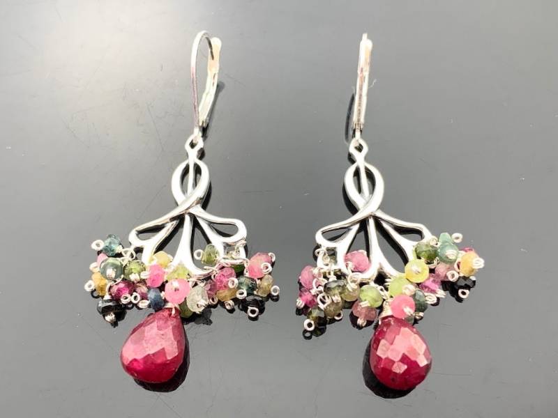 Rubin & Wassermelonenturmalin Kronleuchter 925 Sterling Silber Brisur Ohrringe Edelstein Anhänger Geschenk Für Sie von VestaJewelry