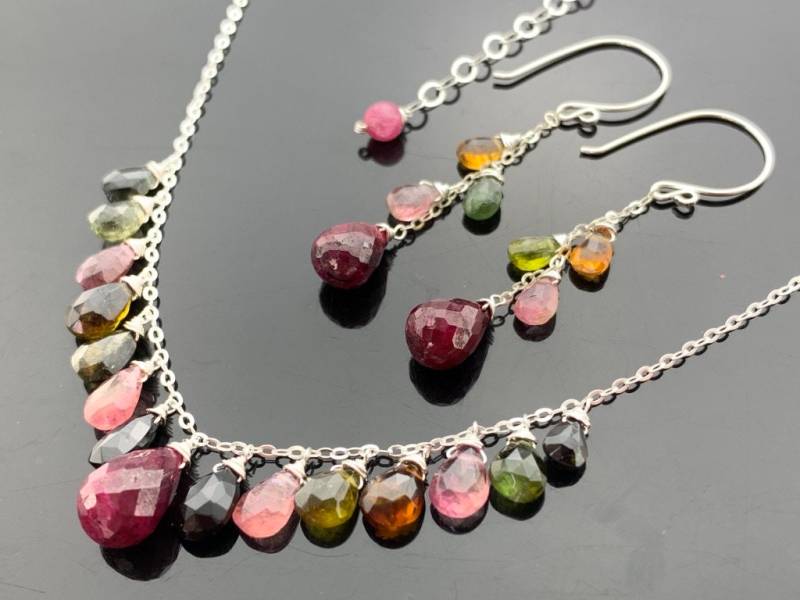 Rubin & Wassermelonenturmalin Set 925 Sterling Silber Edelstein Halskette Und Ohrringe Handgemachtes Schmuck Geschenk Für Sie von VestaJewelry