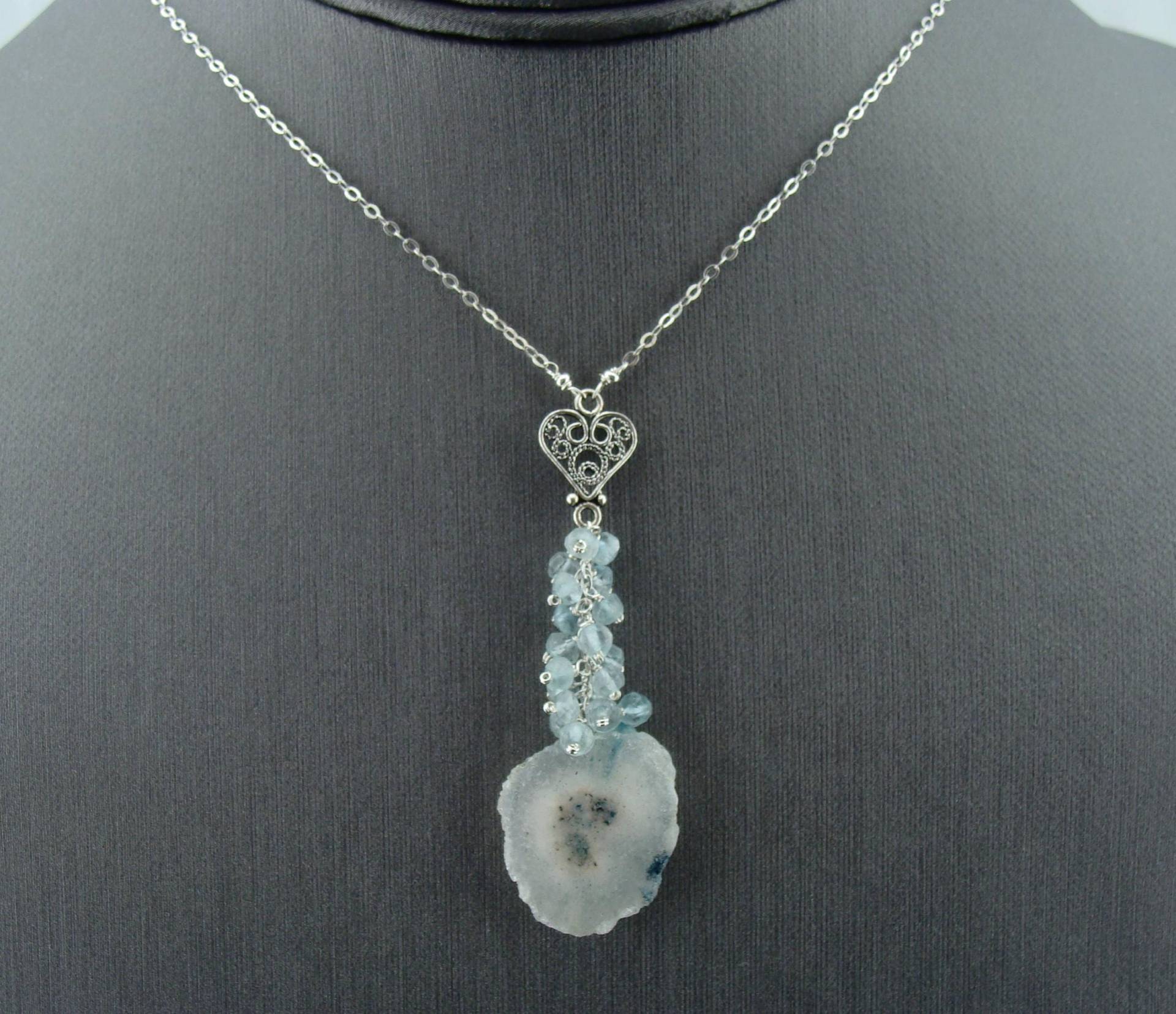 Solar Quarz & Aquamarin Halskette 925 Sterling Silber Filigranes Herz Blauer Edelstein Schmuck Geschenk Für Sie von VestaJewelry