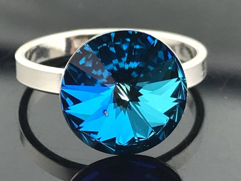 Swarovski Crystal Bermuda Blue 12 Mm Rivoli Ring Sterling Silber Größe 7.5 Bold Sparkle Handgemachtes Schmuck Geschenk Für Sie von VestaJewelry