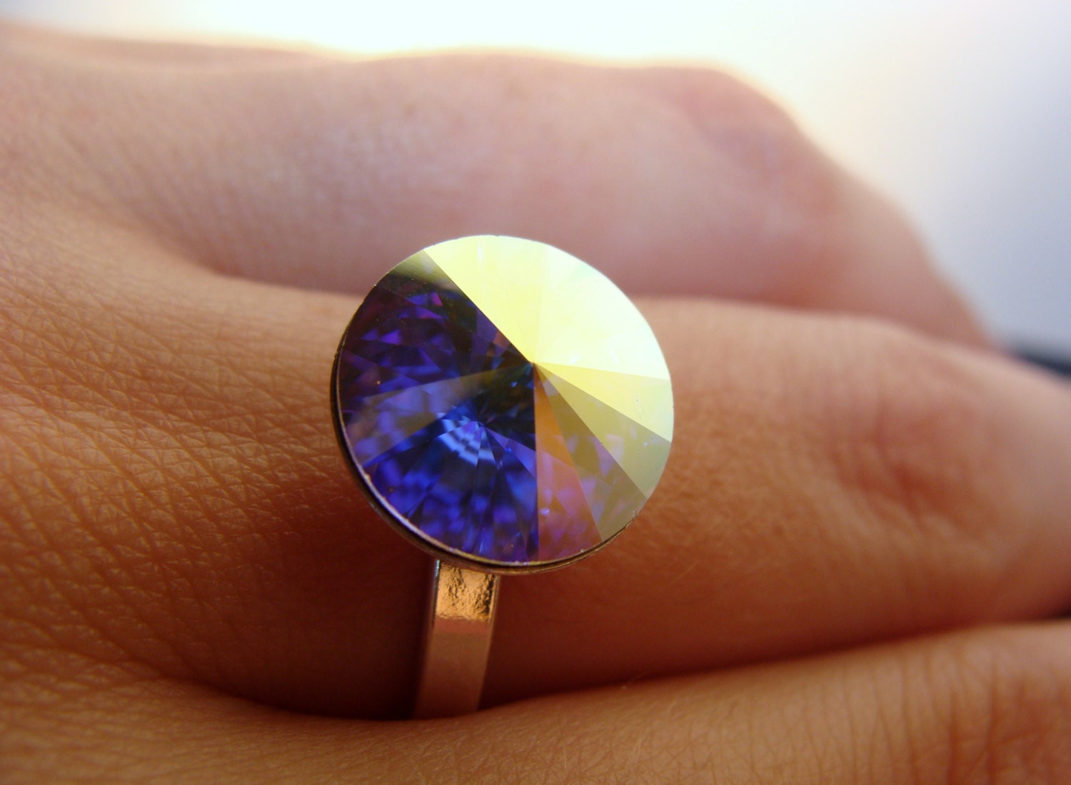 Swarovski Kristall Ab-Ring. 12 Mm Rivoli Größe 7, 5 925 Sterling Silber Sparkle Ring von VestaJewelry