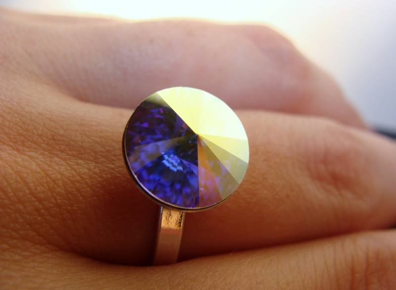 Swarovski Kristall Ab-Ring. 12 Mm Rivoli Größe 7, 5 925 Sterling Silber Sparkle Ring von VestaJewelry